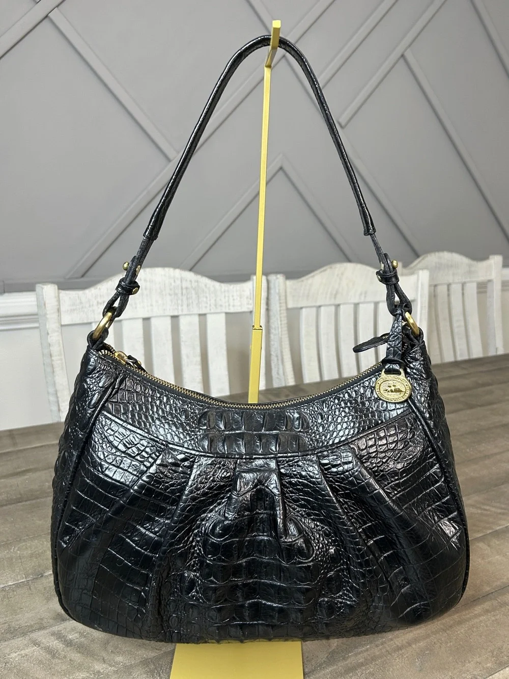 Brahmin Vintage Black Croc Embossed Leather Pleated Hobo Shoulder Bag